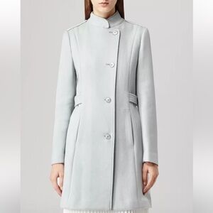 REISS Havana Light Blue Stand Collar Wool Pea Coat Size Medium